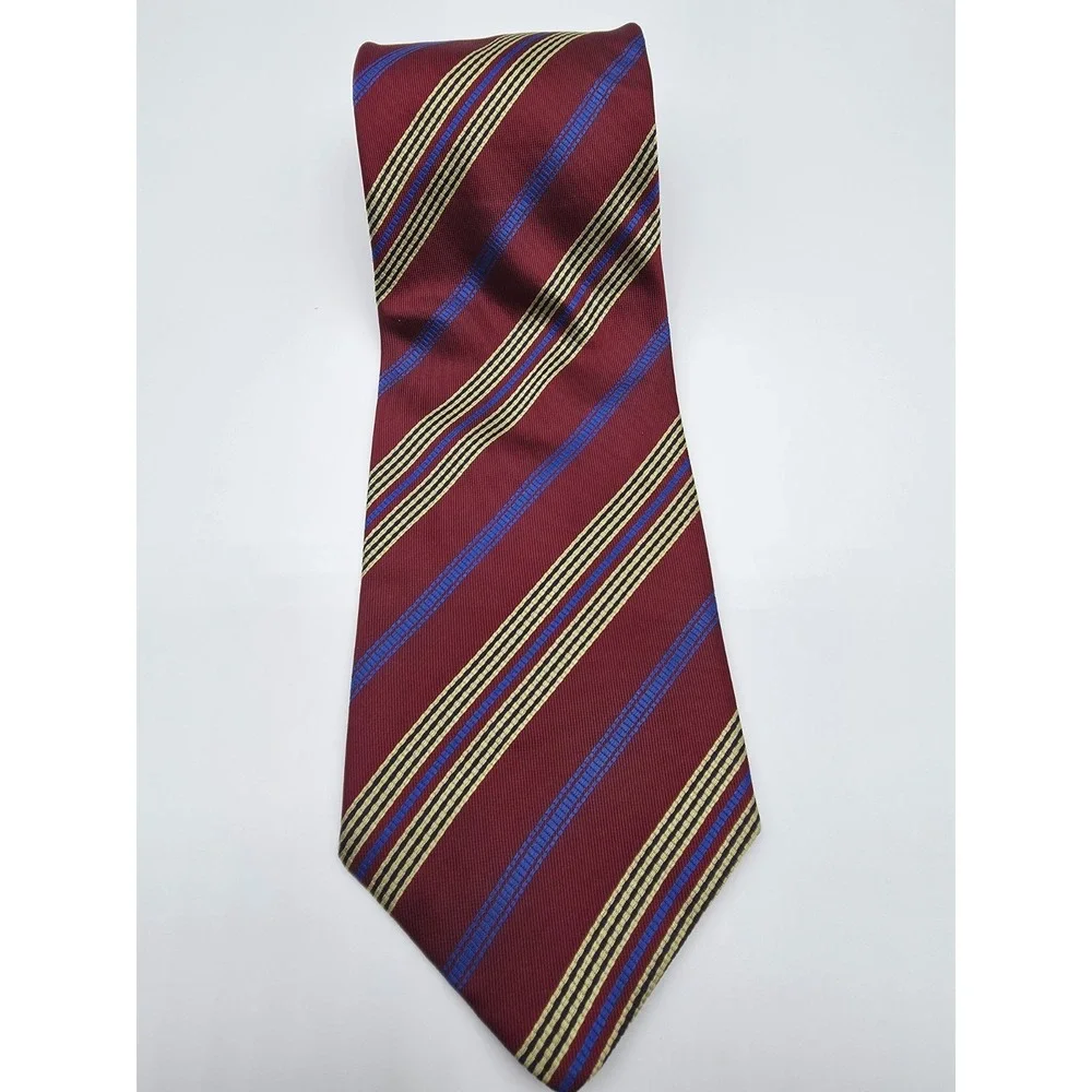 Vintage Nautica Tie Mens Crimson Blue Gold Black Silk Striped Necktie 55